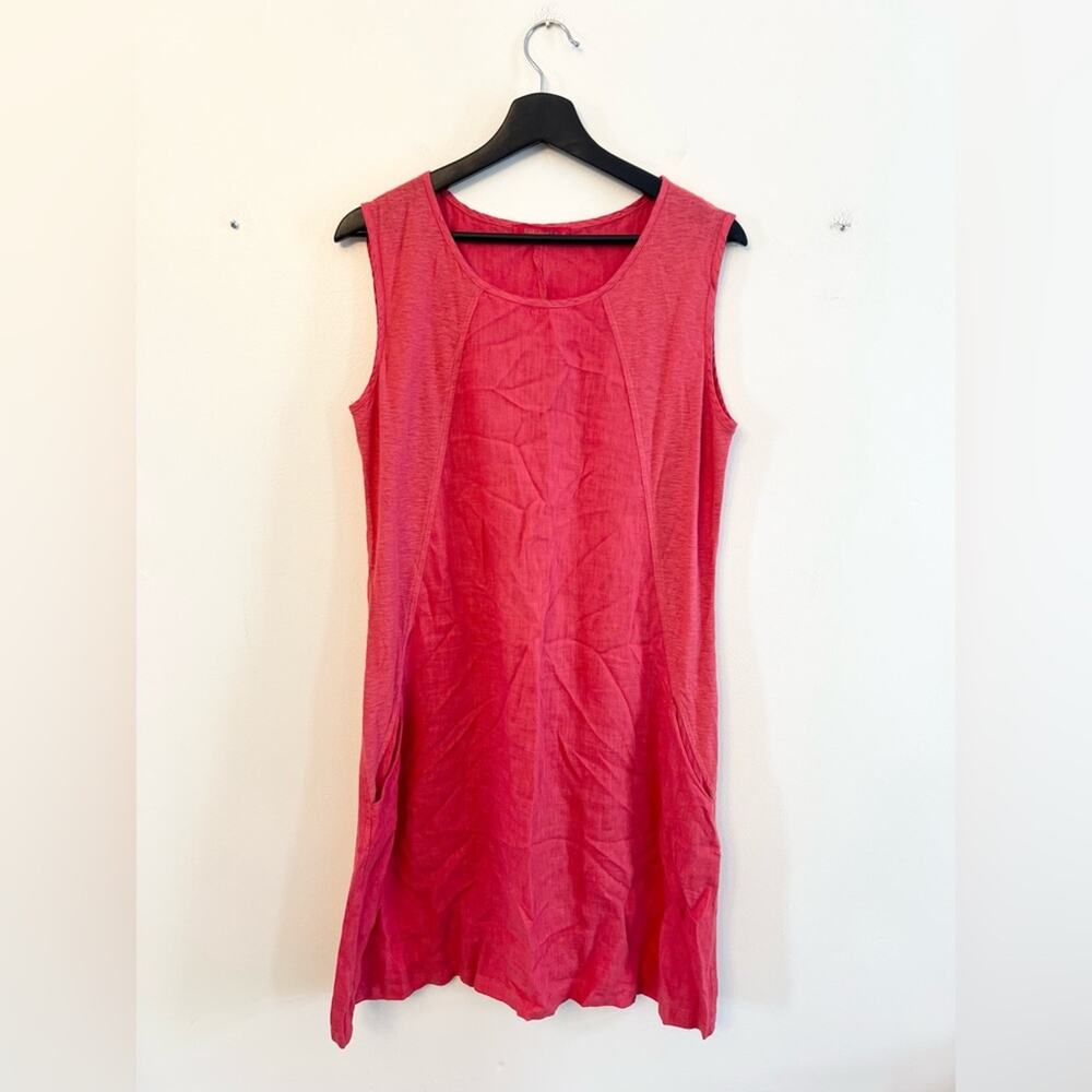 Cut loose linen and cotton dress sleeveless scoop neck pockets coral lagenlook S